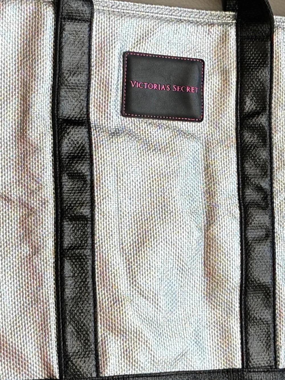Victoria's Secret Silver Metallic Duffel with Black Trim